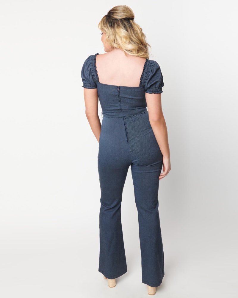 Unique Vintage Denim Bengaline Belted Jumpsuit | Blue